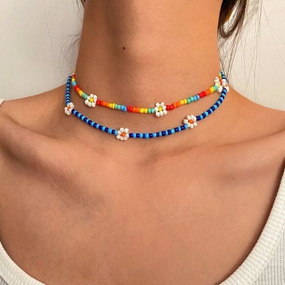 Rainbow Beaded White Daisy Choker Necklace - Picture 5 of 9